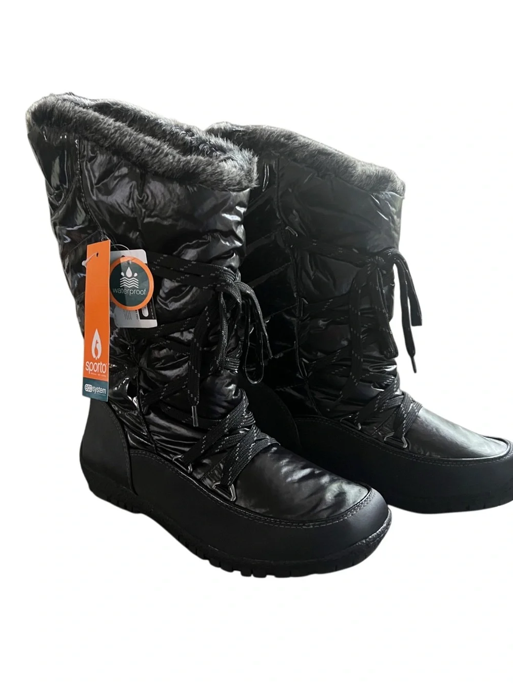 Sporto Charles Black Quilted Waterproof Winter Boots/Faux Fur Lining Sz 9.5